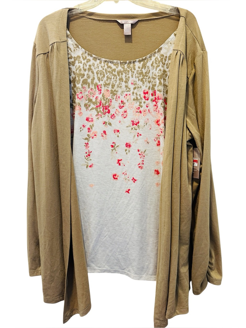 NwT White Stag Women Mock Layered Cardigan Shirt XL 16-18 Floral Tan Cream Fall